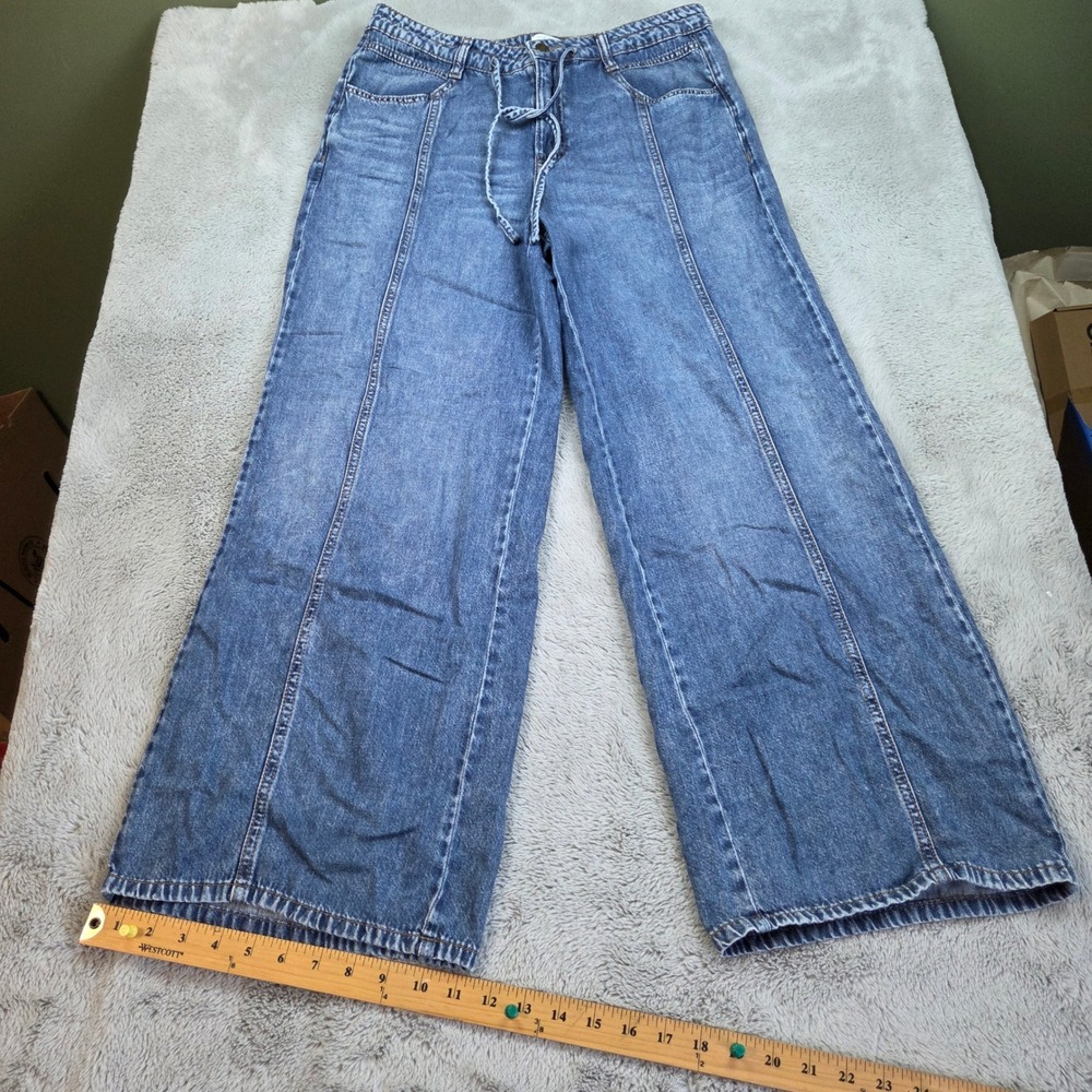 Time and Tru Wide Leg Jeans Womens Sz 10 Seam Detail Drawstring Waist Blue Denim